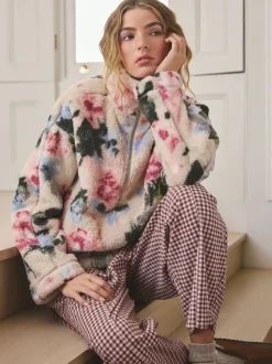 Crème gebloemd - Borg fleece met korte rits