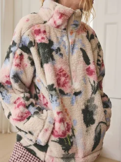 Crème gebloemd - Borg fleece met korte rits