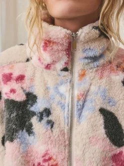 Crème gebloemd - Borg fleece met korte rits