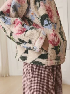 Crème gebloemd - Borg fleece met korte rits