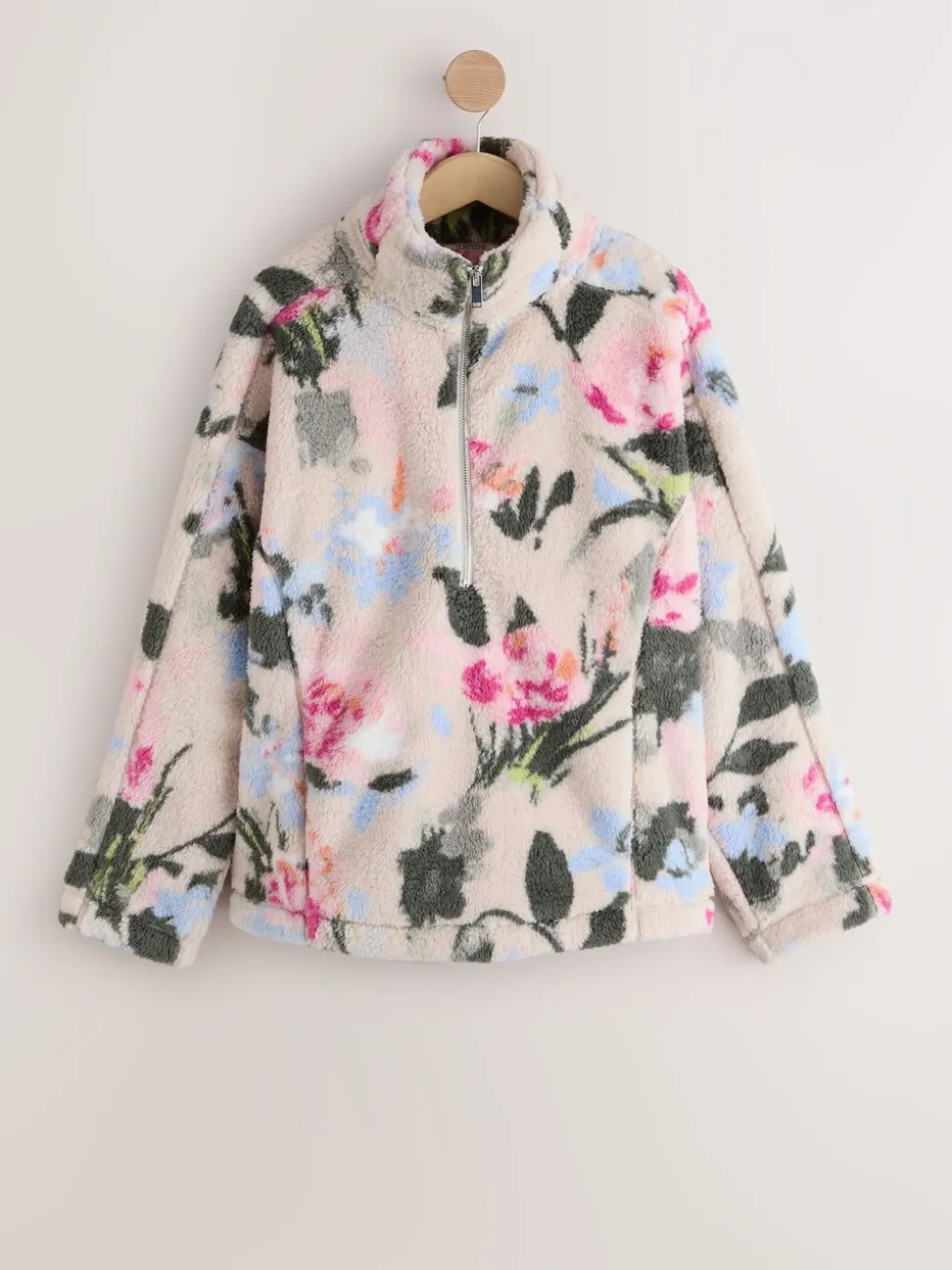 Crème gebloemd - Borg fleece met korte rits