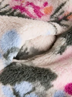 Crème gebloemd - Borg fleece met korte rits