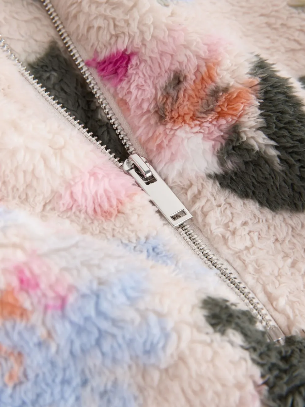 Crème gebloemd - Borg fleece met korte rits