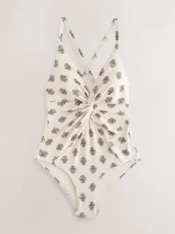 Crème Woodblock - Twist Front Tummy Control Badpak met print