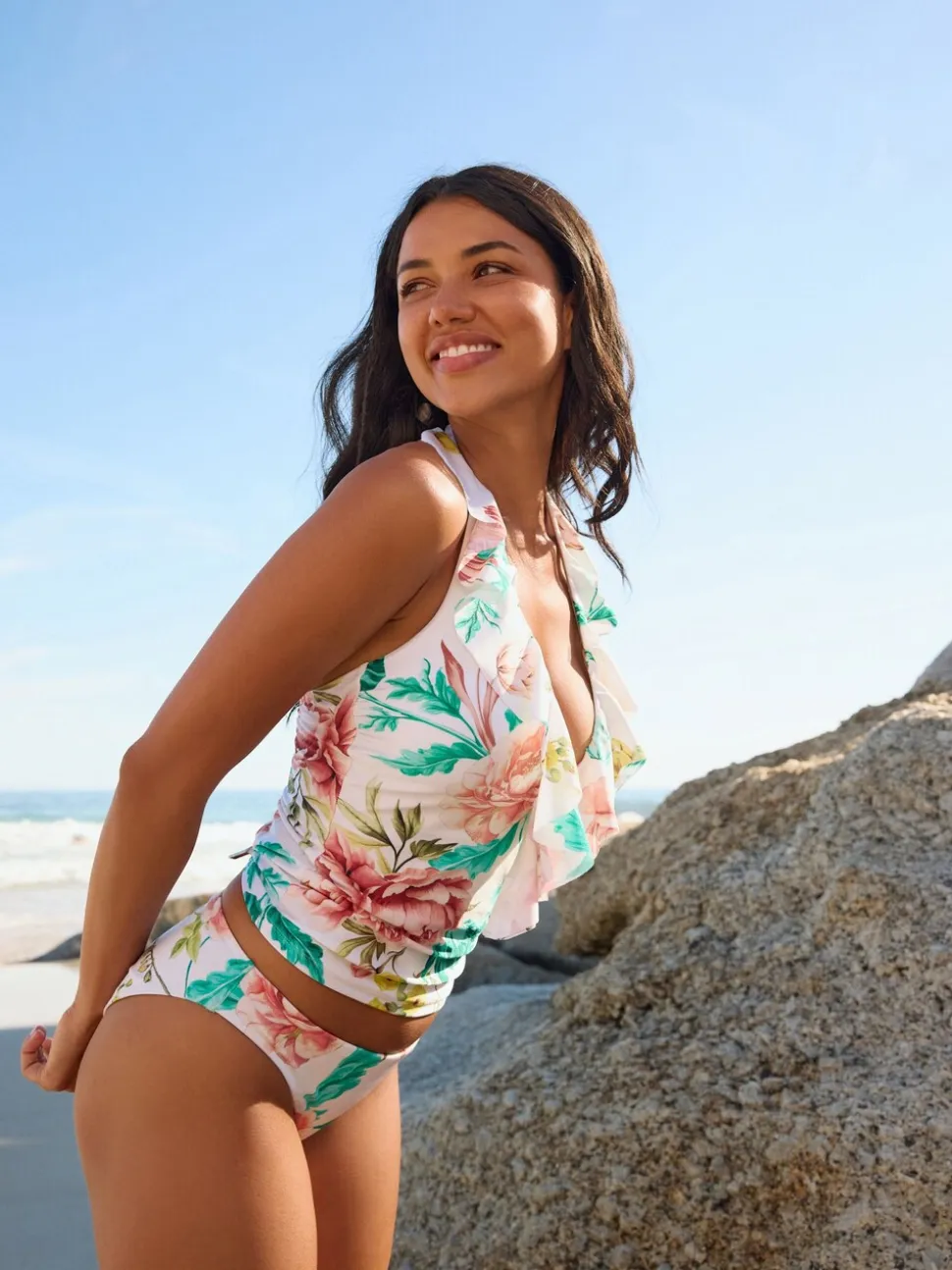 Crèmekleurige bloemenprint met hoogglans - Frill Halterneck Tummy Control Tankini Top