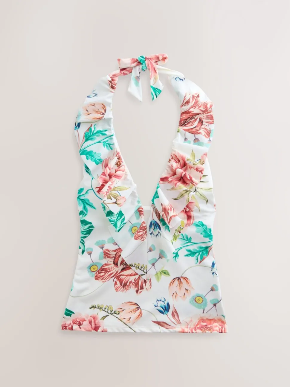 Crèmekleurige bloemenprint met hoogglans - Frill Halterneck Tummy Control Tankini Top