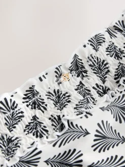 Crème/Zwart Waaierprint - Gerimpelde bikinislip met hoge taille