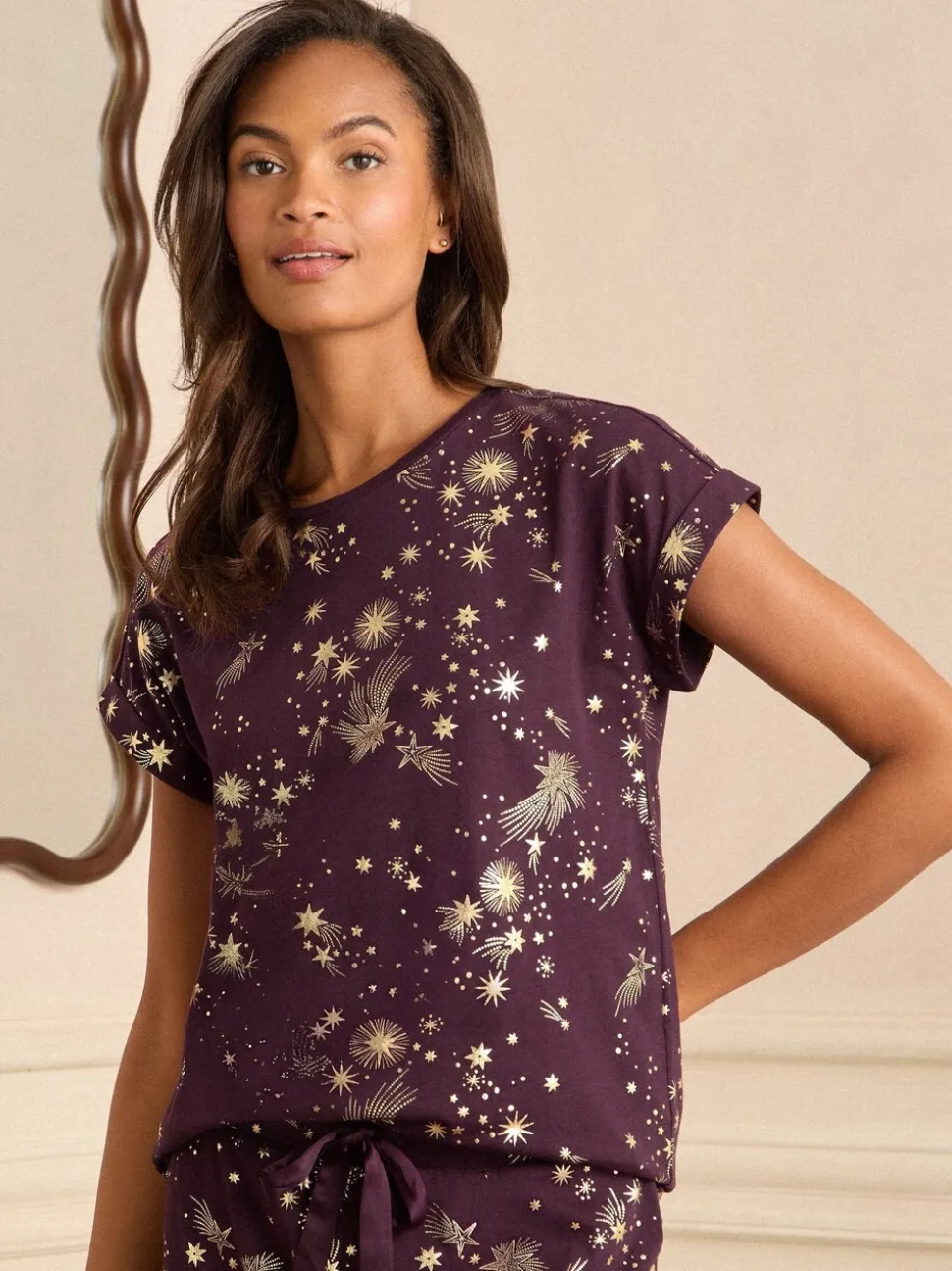 Deep Berry - Love & Roses Christmas Short Sleeve Gold Foil Pyjama Set