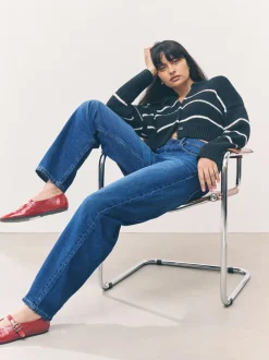 Denim donkerblauw - Jeans met ruime rechte pijpen