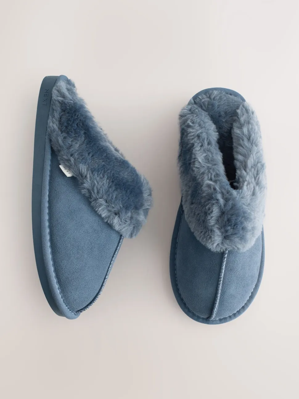 Denimblauw - Met imitatiebont gevoerde suède pantoffelmuiltjes