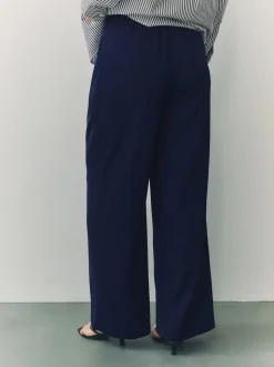 Donkerblauw - Broek met wijde pijpen en elastiek in de achterkant
