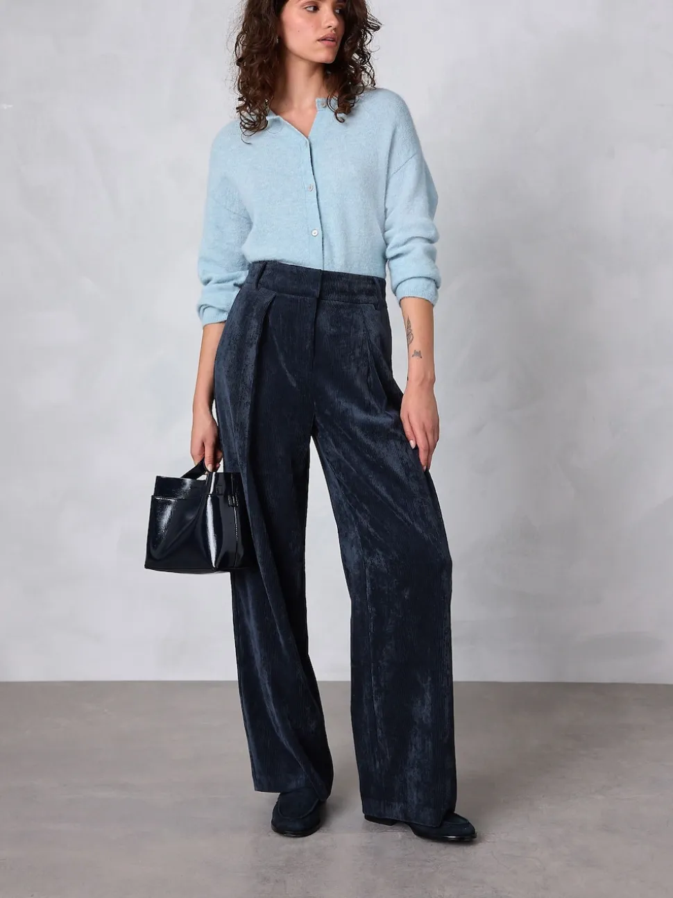 Donkerblauw - Corduroy broek met wijde pijpen
