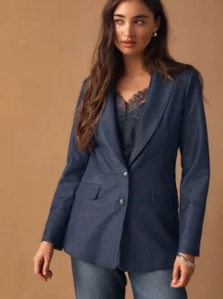 Donkerblauw - Denim Military Fitted Single Breasted Blazer