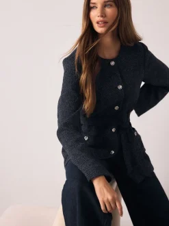 Donkerblauw - Fleck Boucle Belted Jacket