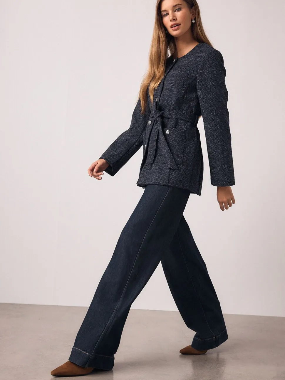 Donkerblauw - Fleck Boucle Belted Jacket