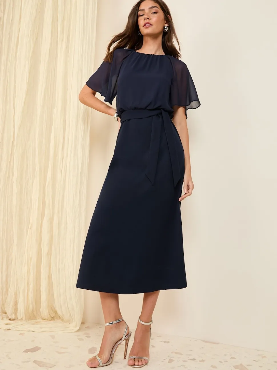 Donkerblauw - Friends Like These scuba chiffon midi-jurk met fladdermouwen