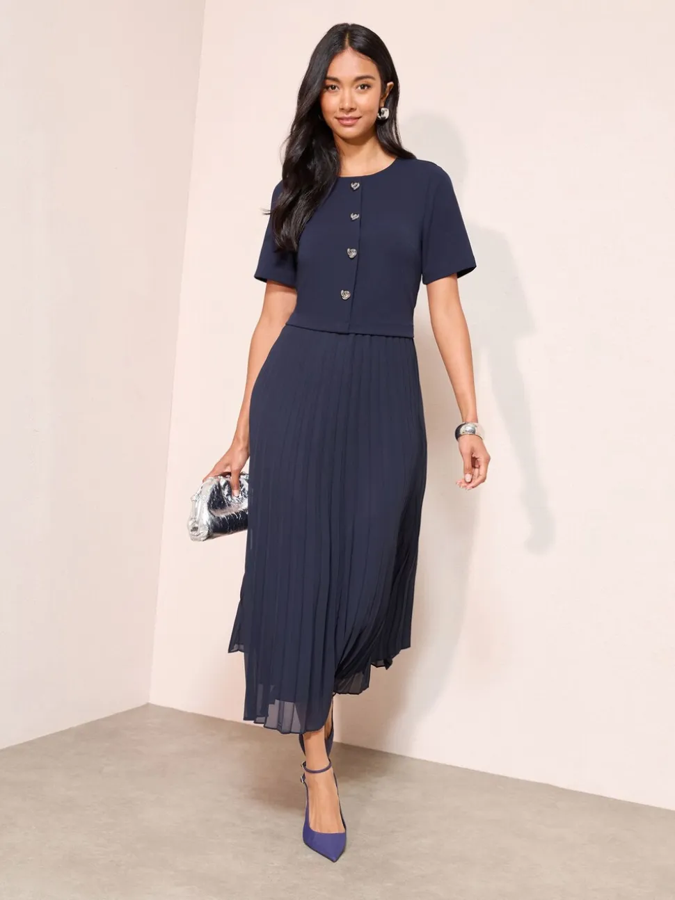 Donkerblauw - Friends Like These Button Down 2-In-1 Pleated Dress