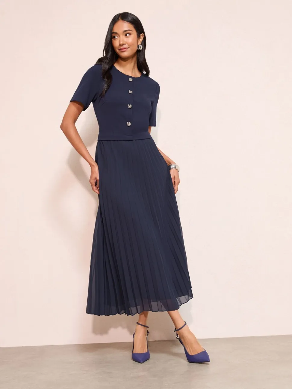 Donkerblauw - Friends Like These Button Down 2-In-1 Pleated Dress