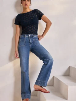 Donkerblauw - Jeans met wijde pijpen en opgestikte zakken