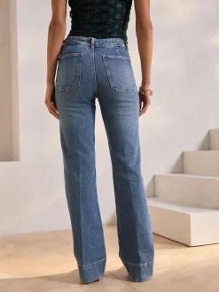 Donkerblauw - Jeans met wijde pijpen en opgestikte zakken