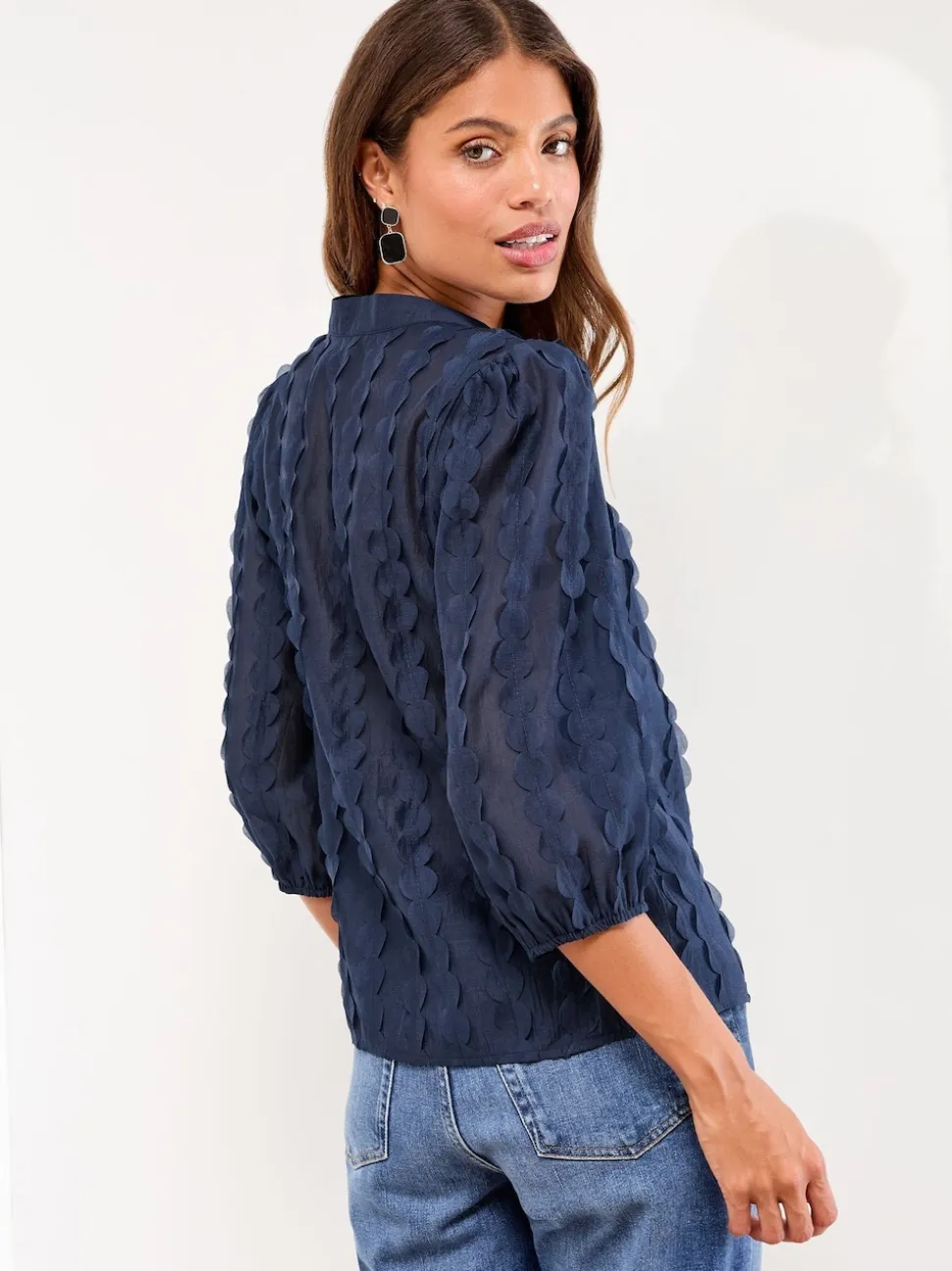 Donkerblauw - Lipsy 3D Stoffen opa-kraag Korte mouwen overhemd