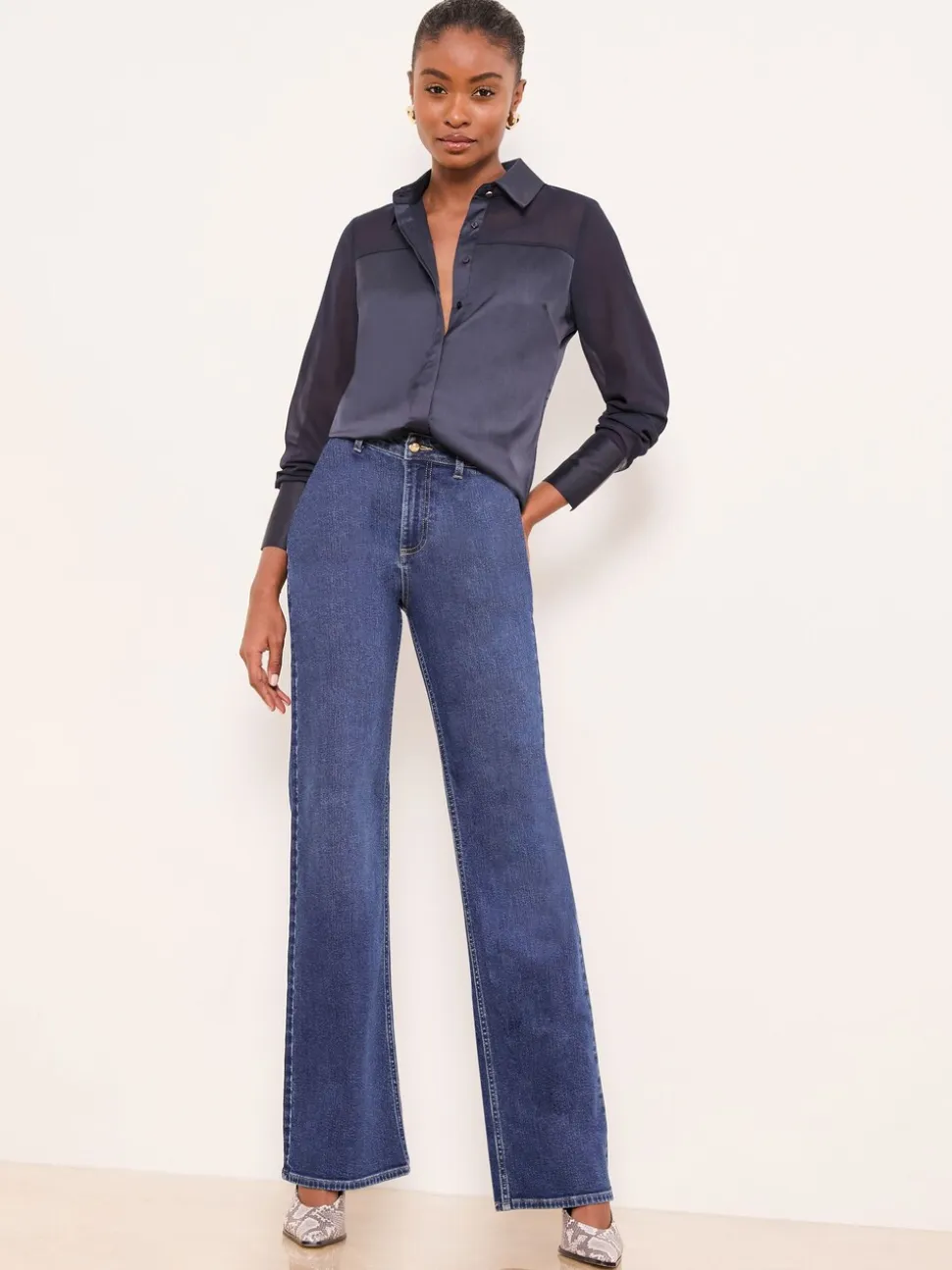 Donkerblauw - Lipsy Long Sleeve Satin Chiffon Mix Shirt
