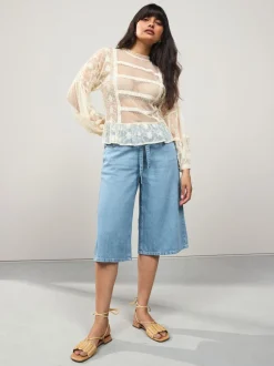 Donkerblauw - Lyocell Mix Denim shorts met stropdas