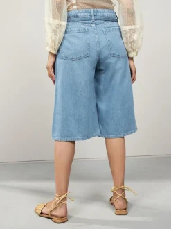 Donkerblauw - Lyocell Mix Denim shorts met stropdas