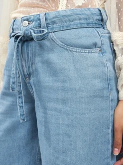 Donkerblauw - Lyocell Mix Denim shorts met stropdas