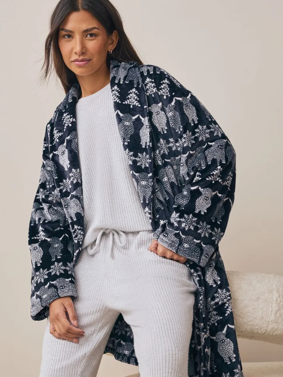 Donkerblauw - Matching Family Christmas Fairisle pattern Hamish The Highland Cow Dressing Gown