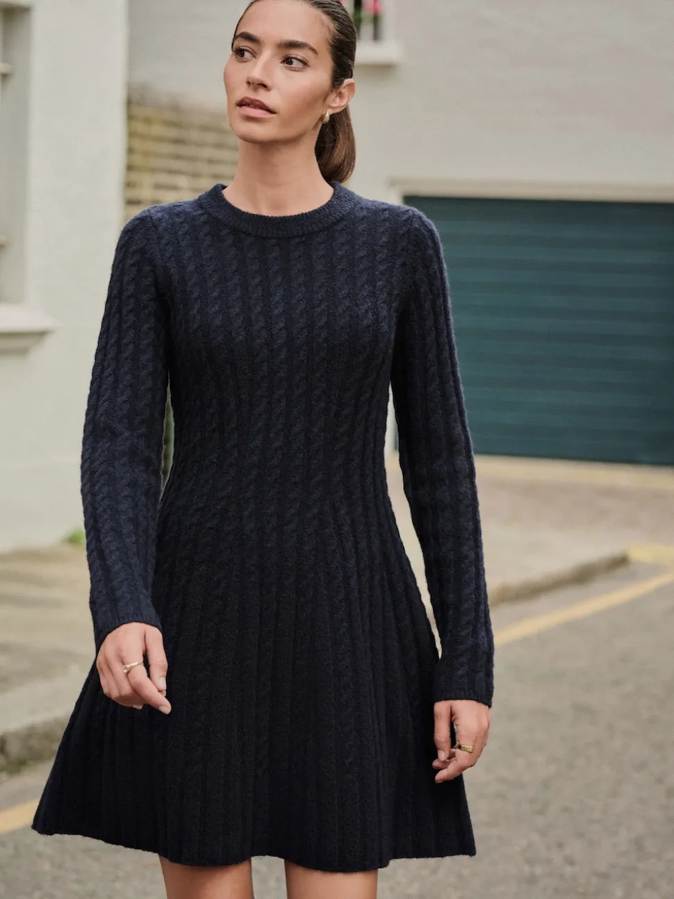 Donkerblauw - Mini-trui-jurk met kabelpatroon