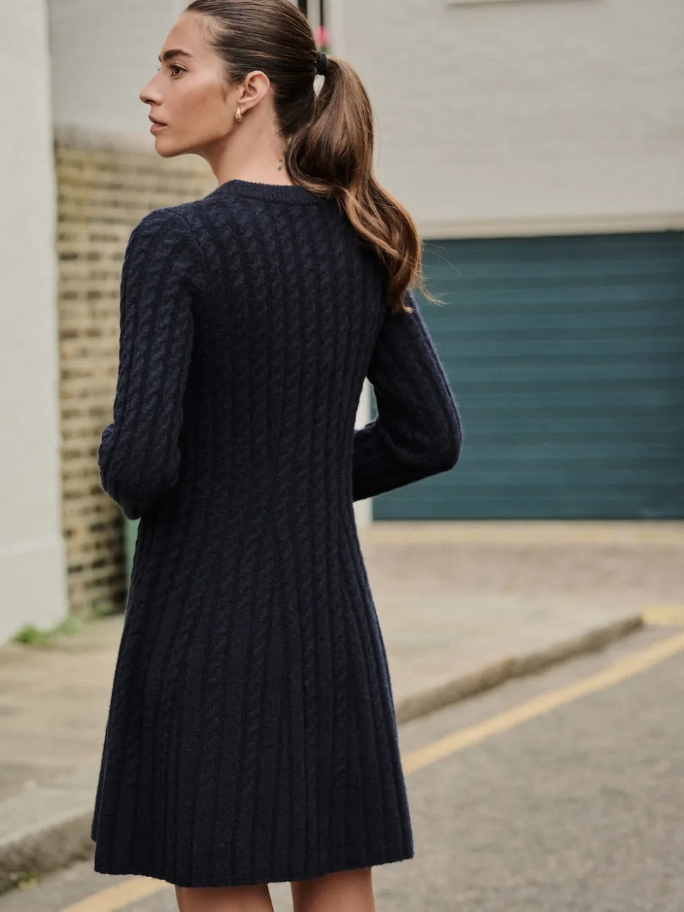 Donkerblauw - Mini-trui-jurk met kabelpatroon