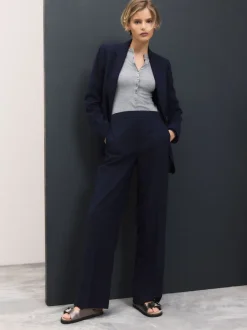 Donkerblauw - Modieus gesneden broek met wijde pijpen van wol