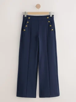 Donkerblauw - Ponte Broek met Wijde pijpen en goudkleurige knoopdetails