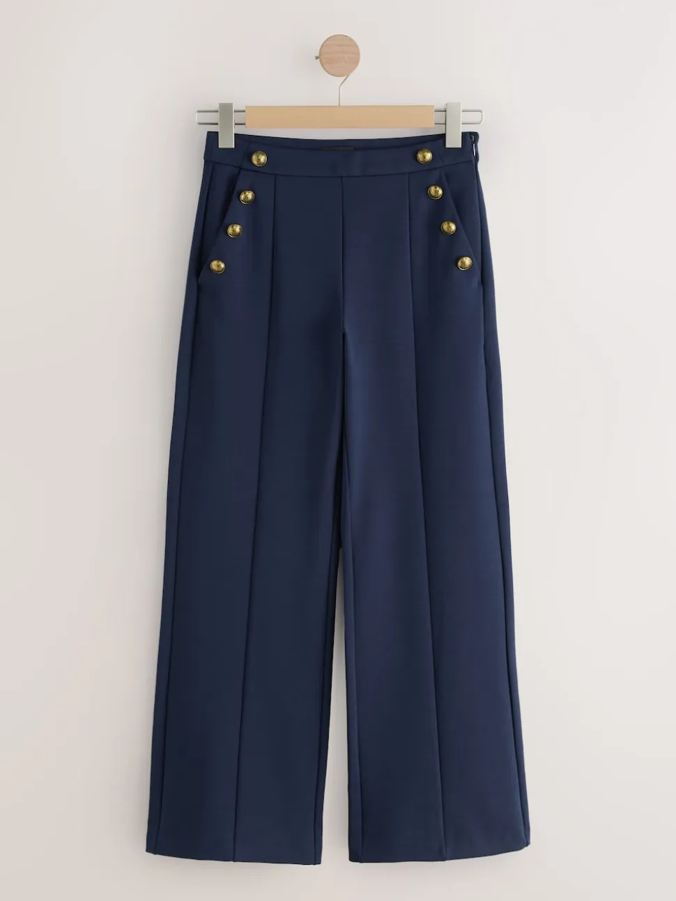 Donkerblauw - Ponte Broek met Wijde pijpen en goudkleurige knoopdetails