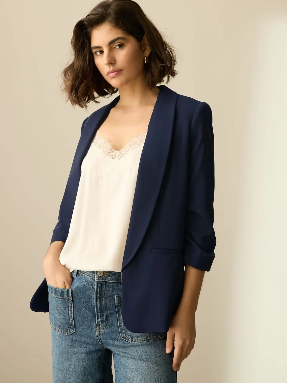 Donkerblauw - Ruimvallend blazer met gerimpelde mouwen