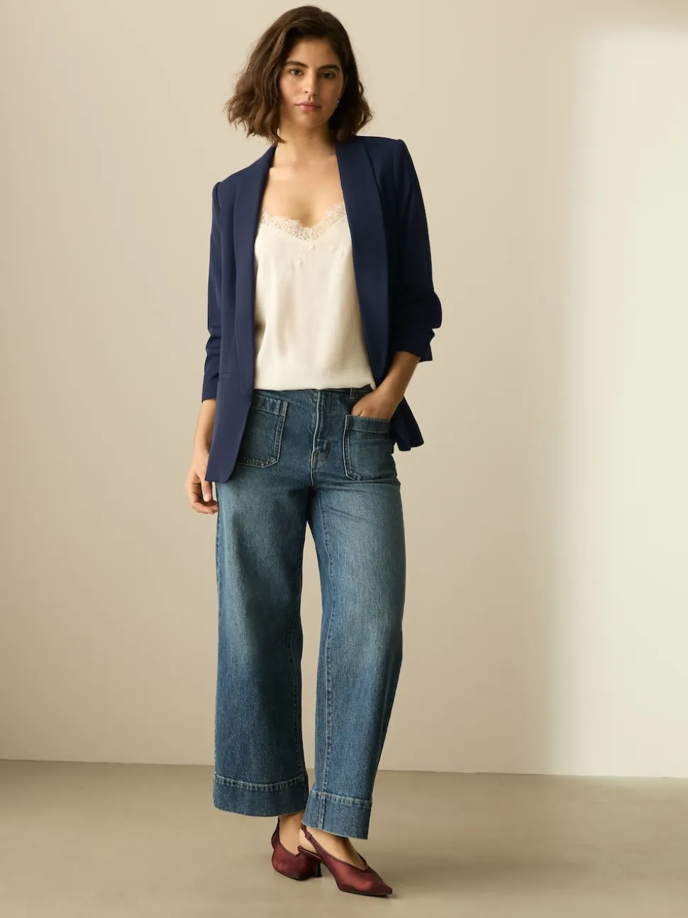 Donkerblauw - Ruimvallend blazer met gerimpelde mouwen