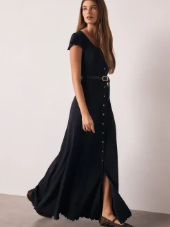 Donkerblauw - Short Sleeve Jersey Button Through Maxi Dress