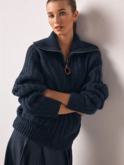 Donkerblauw - Stitchy Knitted Zip Up Collar Cardigan