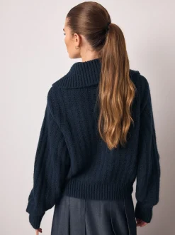 Donkerblauw - Stitchy Knitted Zip Up Collar Cardigan