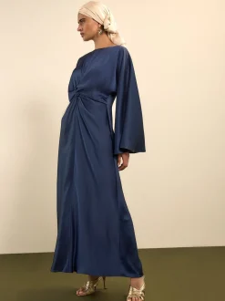Donkerblauw - Twist Front Long Sleeve Satin Maxi Dress