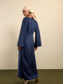 Donkerblauw - Twist Front Long Sleeve Satin Maxi Dress