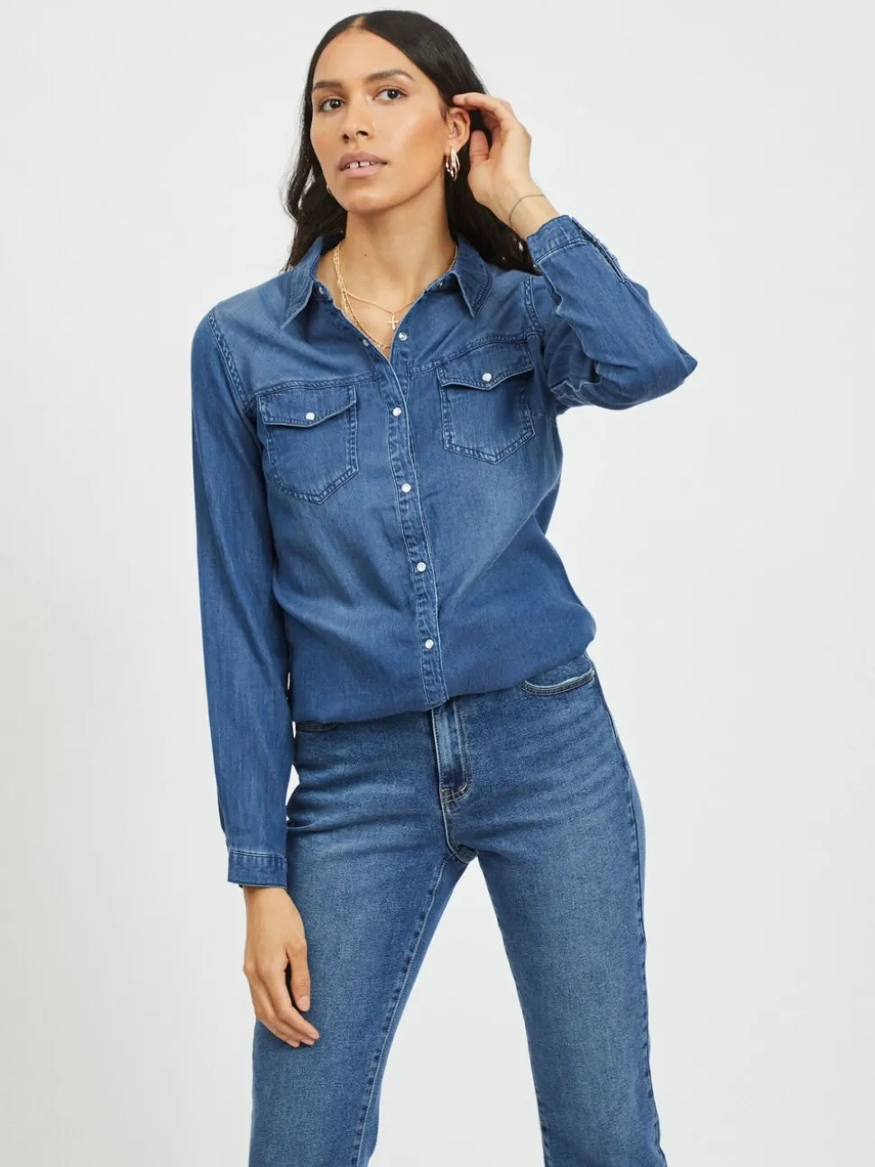 Donkerblauw - Vila dun overhemd van denim met zakdetail