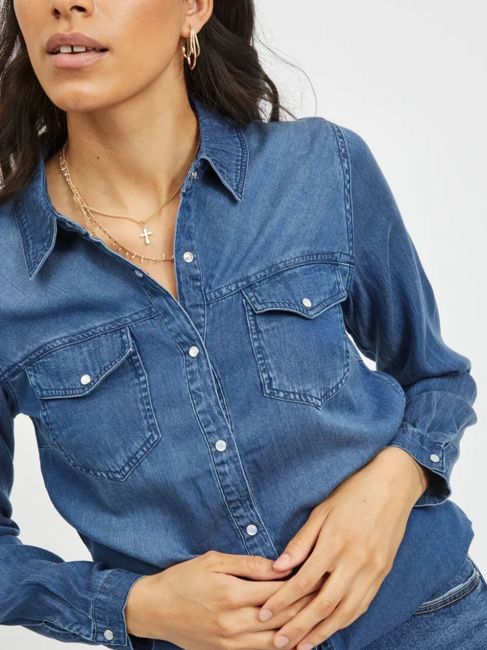 Donkerblauw - Vila dun overhemd van denim met zakdetail