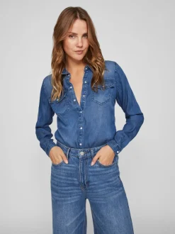 Donkerblauw - Vila dun overhemd van denim met zakdetail