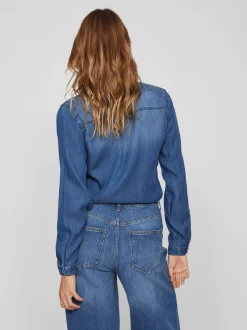 Donkerblauw - Vila dun overhemd van denim met zakdetail