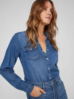 Donkerblauw - Vila dun overhemd van denim met zakdetail