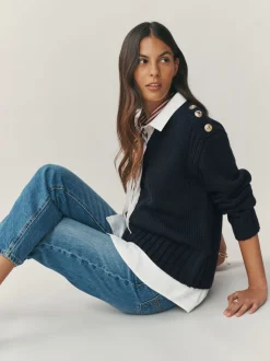 Donkerblauw - V-Neck Knitted Shirt Layer Look Jumper