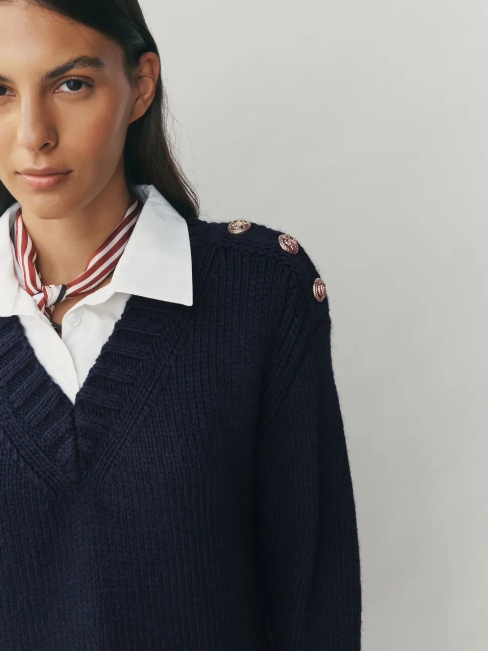 Donkerblauw - V-Neck Knitted Shirt Layer Look Jumper