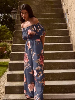 Donkerblauw/roze - Jumpsuit met blote schouder